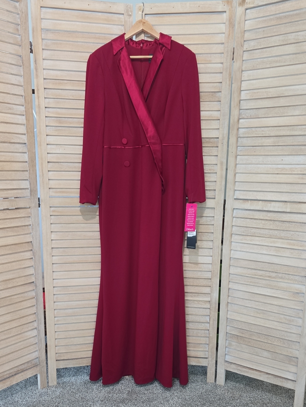 Adrianna Papell Red Crepe Tuxedo Maxi Dress Blazer Style Formal Gown